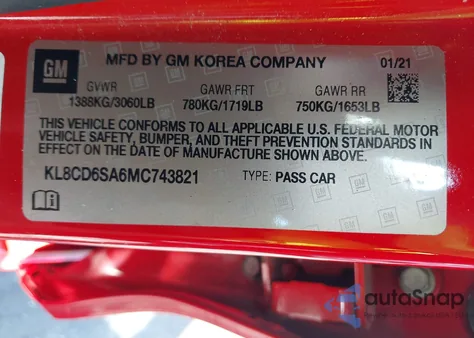 2021 Chevrolet Spark 1Lt z USA, uszkodzony, nr VIN KL8CD6SA6MC743821